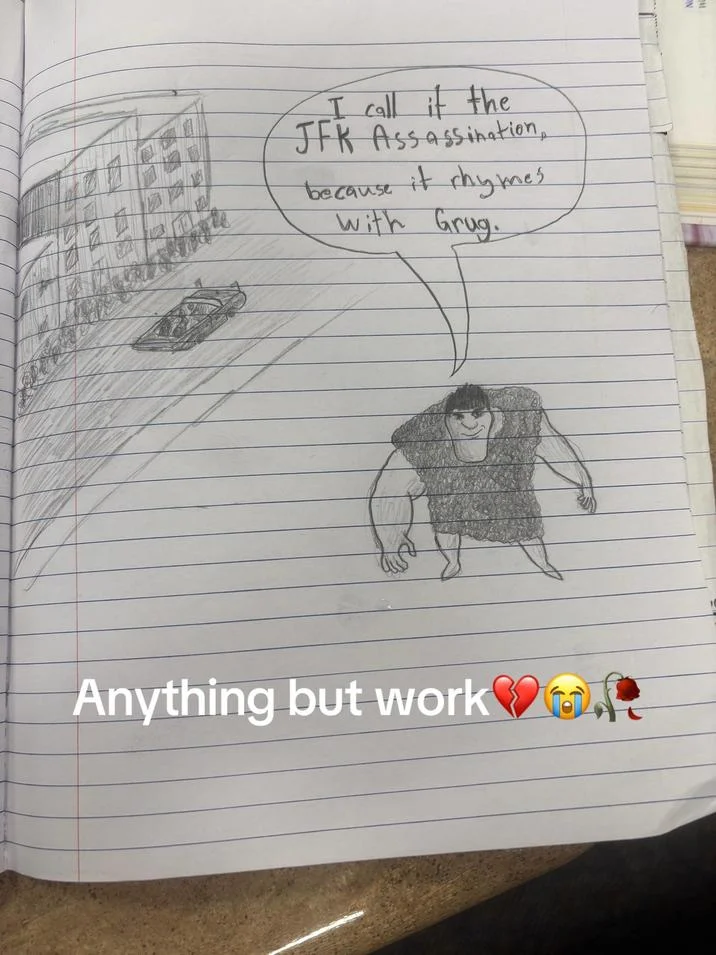 A user-generated notebook drawing showing stylized Grug illustration with handwritten text following the Rhymes With Grug meme format.