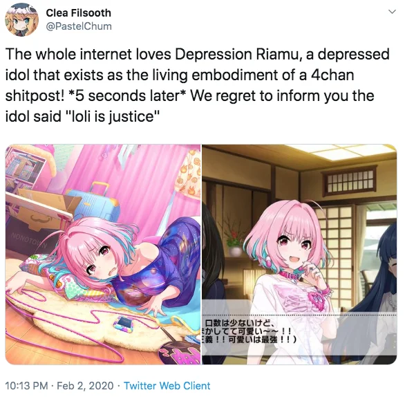 Riamu Yumemi — Clea Filsooth @PastelChum The whole internet loves Depression Riamu, a depressed idol that exists as the living embodiment of a 4chan shitpost!