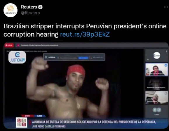 Reuters tweet about Ricardo Milos interrupting Peruvian president's online hearing