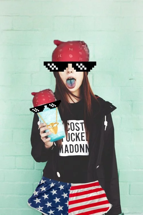 Girl with edited Ricardo Milos bandana and pixel sunglasses holding slushie