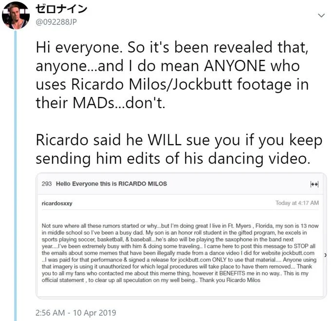 Tweet warning about Ricardo Milos threatening lawsuits over meme edits