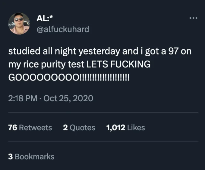 Tweet screenshot joking about studying to score 97 on the Rice Purity Test