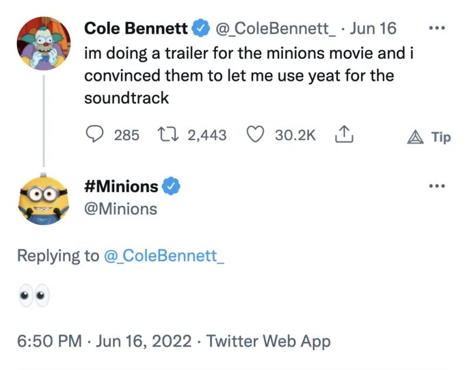 "Rich Minion" by Yeat — Twitter screenshot of Cole Bennett announcing Yeat for the Minions movie soundtrack with reply from Minions account
