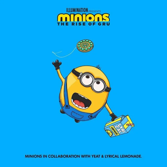 "Rich Minion" by Yeat — Official Minions Rise of Gru poster announcing collaboration with Yeat and Lyrical Lemonade