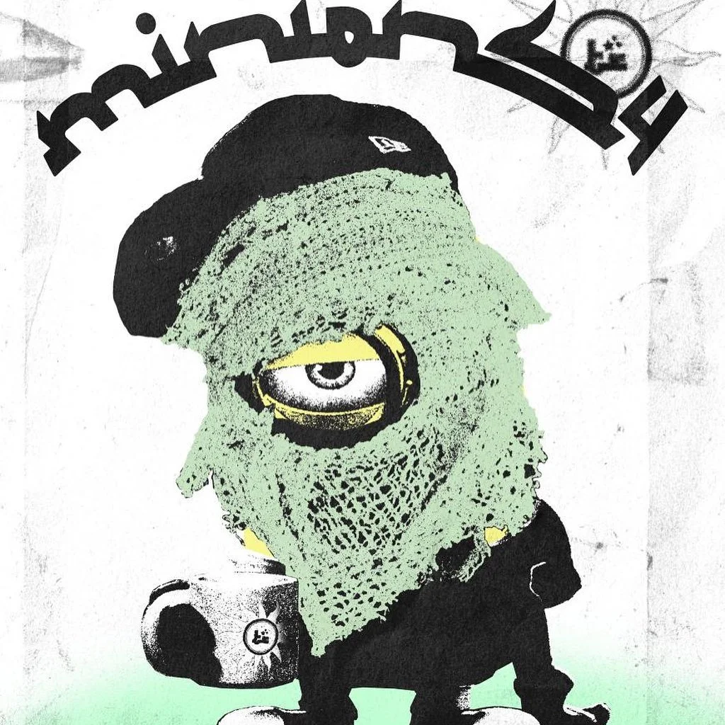 "Rich Minion" by Yeat — Stylized grungy illustration of a one-eyed green Minion with cap and ski mask in Yeat's cover-art style
