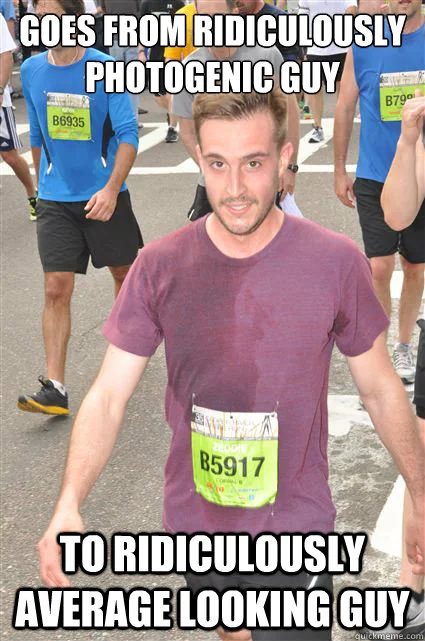 A meme showing Zeddie Little in less polished candid photo with bib B5917 contrasted with text 'Goes from Ridiculously Photogenic Guy / To Ridiculously Average
