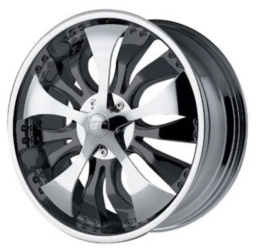 Ridin' Spinners — Chrome car rim with elaborate multi-spoke spinner design on a white background