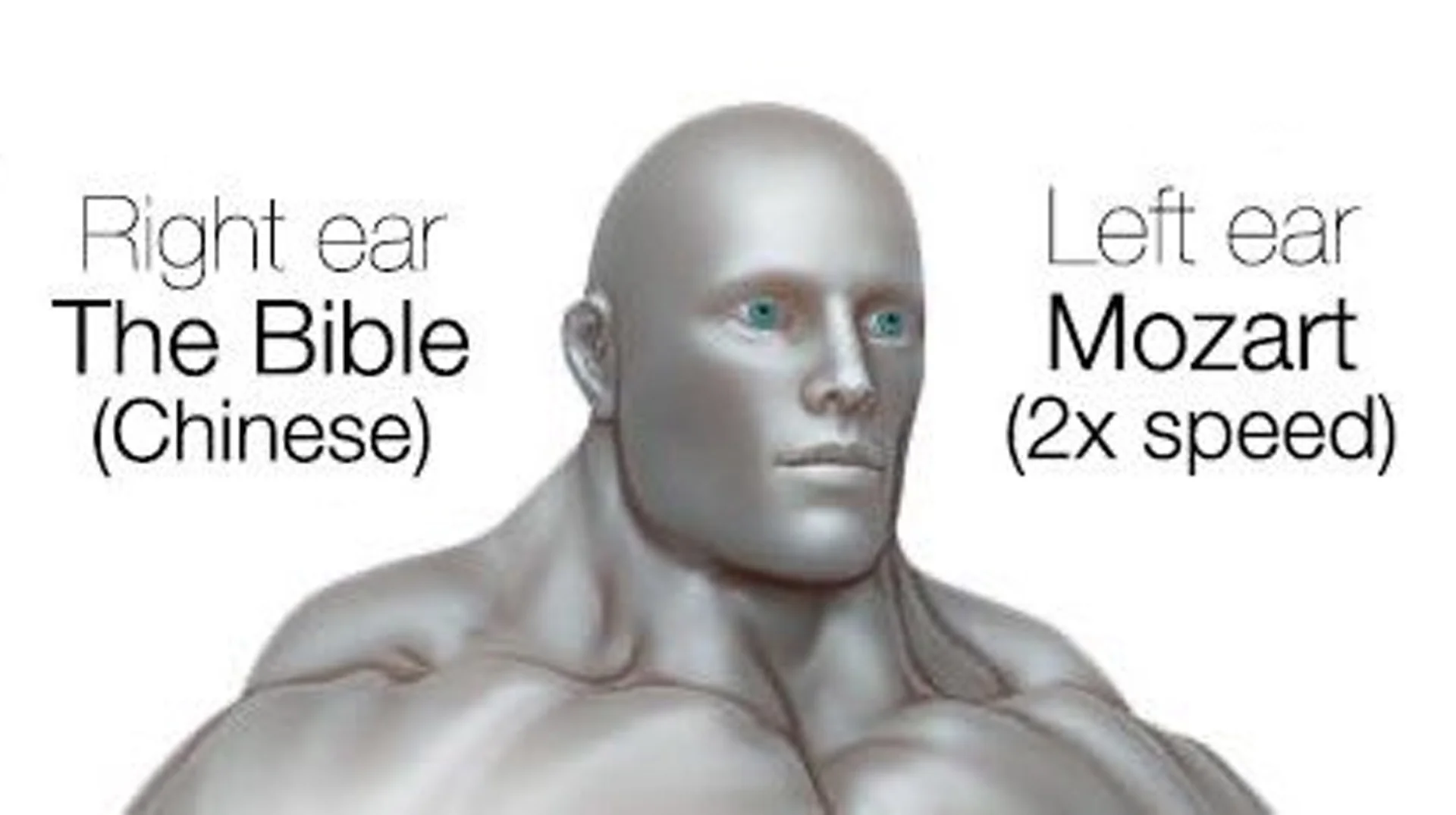 Right Ear The Bible Chinese Left Ear Mozart 2X Speed — Muscular CGI man labeled Right ear The Bible (Chinese) and Left ear Mozart (2x speed).