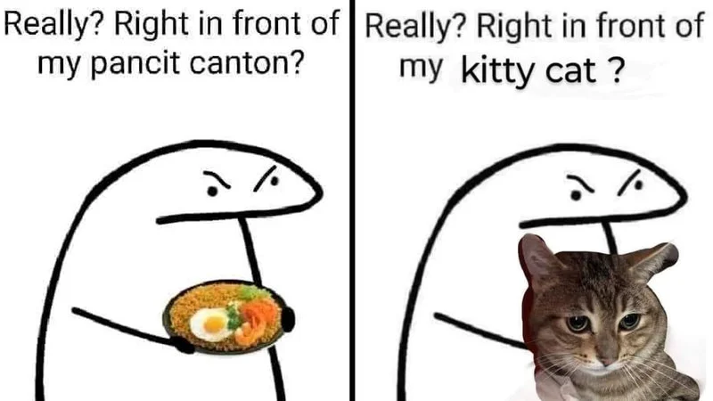 Right In Front Of My Salad? — Two-panel stick figure meme with 'pancit canton' and 'kitty cat' variants of the salad catchphrase