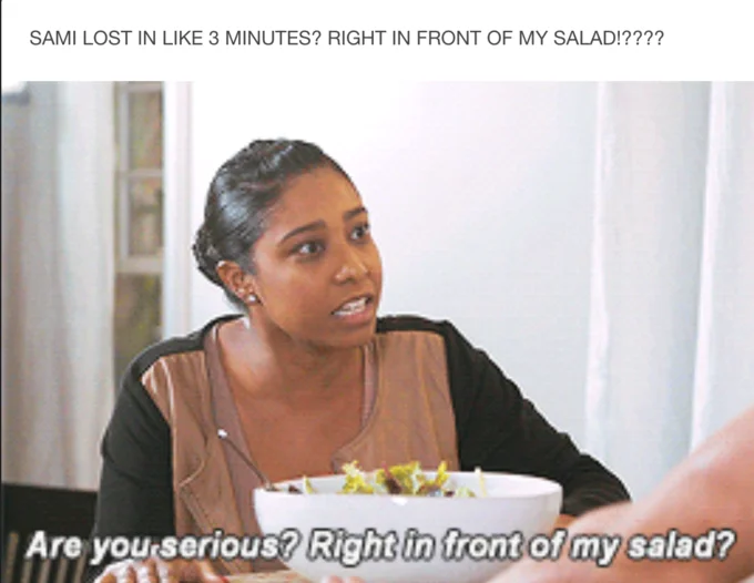 Right In Front Of My Salad? — Meme post with salad woman and text about Sami losing in 3 minutes