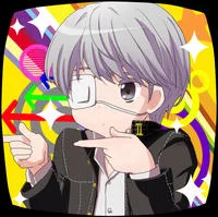 Rikkas Finger Spin — Gray-haired anime character with large white pupils performing finger gesture against vibrant geometric background with pink, yellow, and