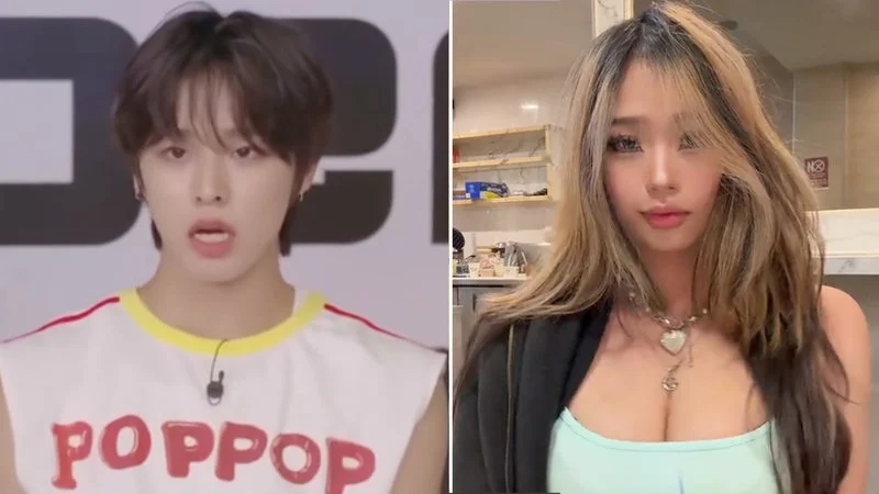 Riku Shake — Split comparison image with Riku from NCT Wish on the left wearing white shirt with 'POPPOP' text paired with unrelated person on the right.