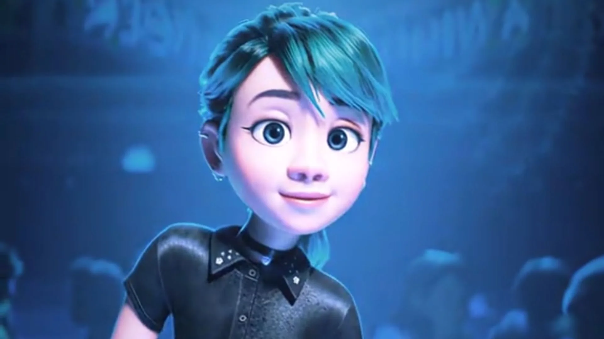 Riley Dance — Edited animated close-up of teen Riley from Inside Out with teal hair and black studded shirt in a blue-lit venue