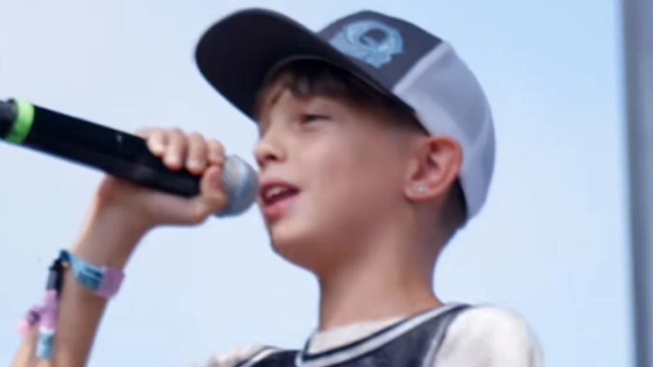 Rin Tin Tin Rap Kid — Young boy in trucker hat rapping into a microphone on stage