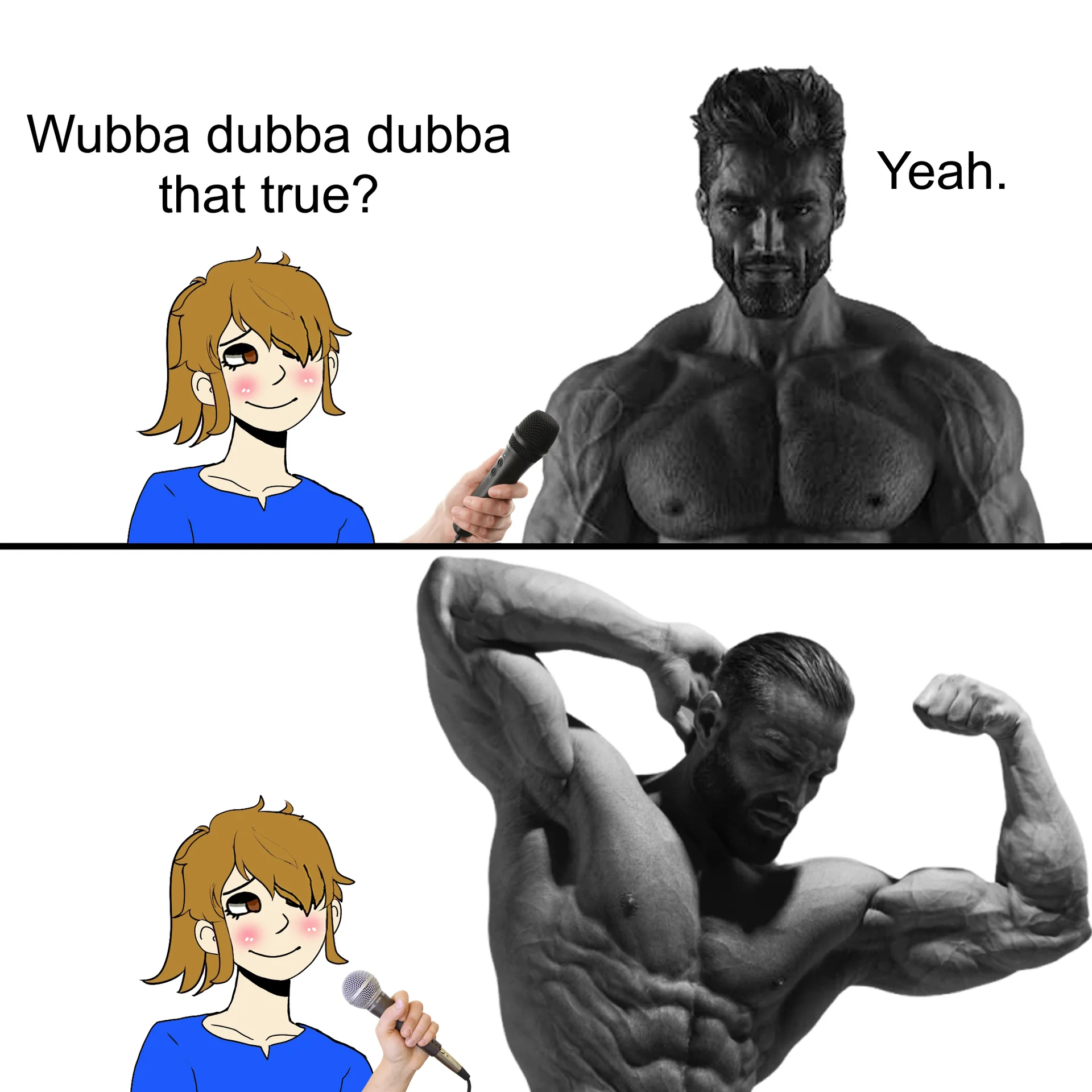 Ringside Interview — Two-panel meme of an anime girl with microphone interviewing a muscular giga chad bodybuilder.