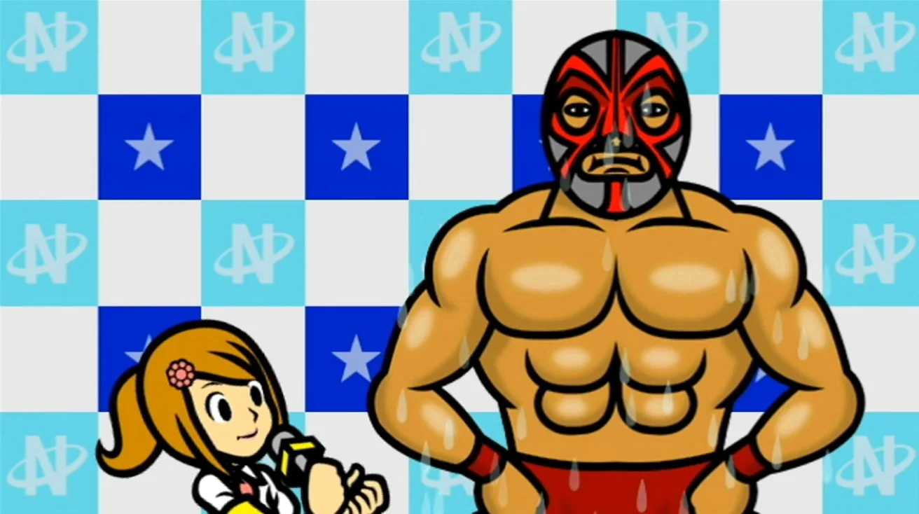 Ringside Interview — Cartoon reporter with microphone next to a muscular masked wrestler against a blue checkered star backdrop.