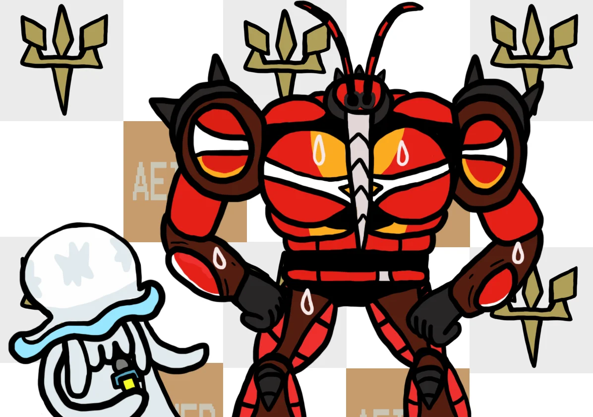 Fan art remake of ringside interview with ghost-like reporter and red armored monster wrestler.
