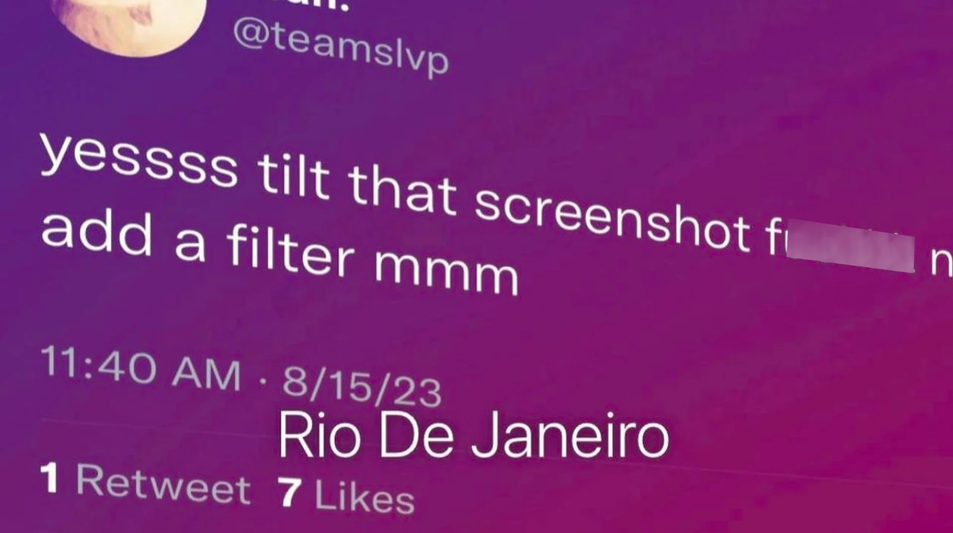 Rio De Janeiro Instagram Filter — Close-up of tilted tweet with purple pink Rio De Janeiro filter overlay