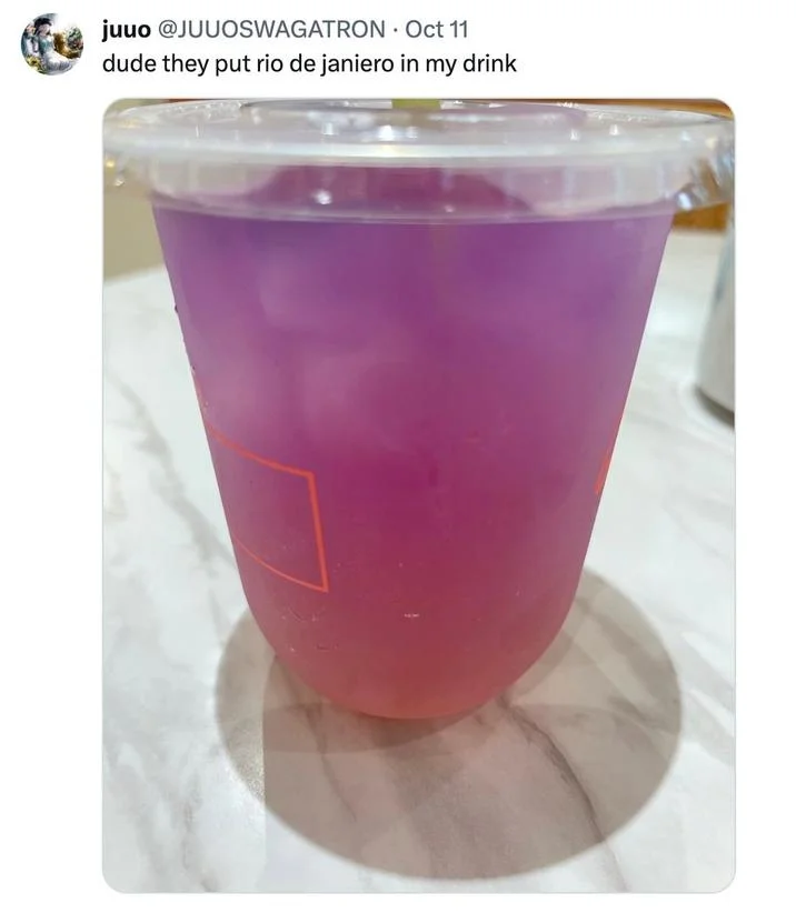 Rio De Janeiro Instagram Filter — Tweet showing purple pink gradient drink captioned rio de janeiro in my drink