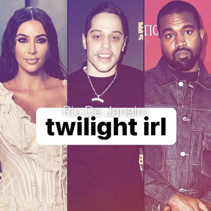 Rio De Janeiro Instagram Filter — Kim Kardashian, Pete Davidson, Kanye West collage with Rio De Janeiro filter and twilight irl caption