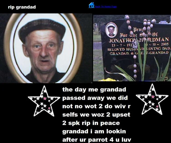 Web page reading 'rip grandad' with photo, headstone image, and misspelled tribute text ending in 'rip in peace'.