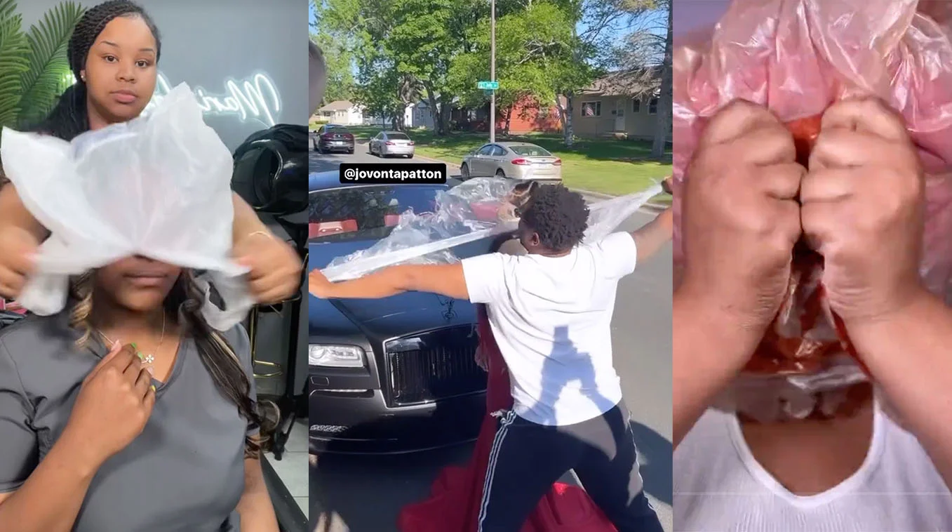 Three-panel collage of TikTok 'Rip Me Out the Plastic' trend showing people tearing plastic wrap off a woman's head, off a person by a Rolls-Royce, and off
