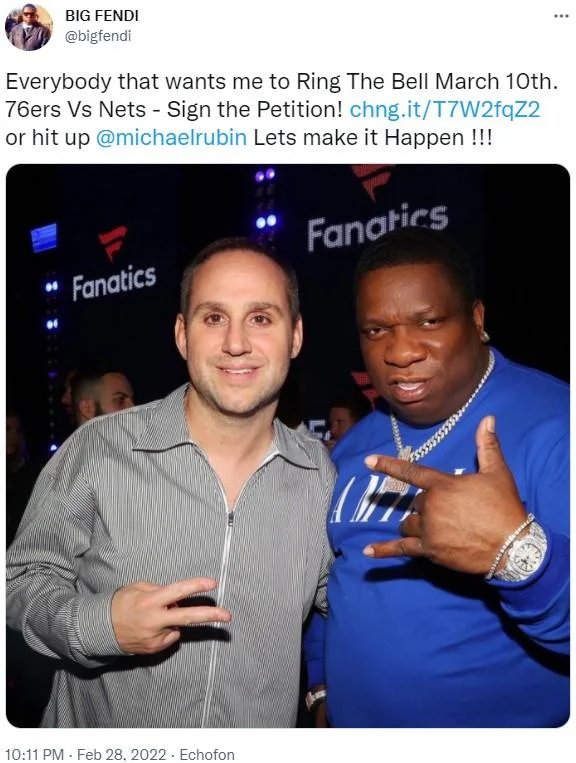 Ripbozo — Tweet by Big Fendi with photo of him and Michael Rubin promoting a 76ers ring-the-bell petition