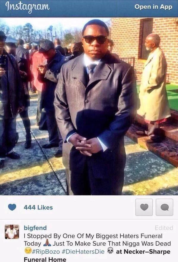 Instagram screenshot of bigfend at Necker-Sharpe Funeral Home with caption using #RipBozo hashtag