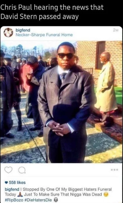 Tweet using the bigfend RipBozo funeral image as a Chris Paul and David Stern reaction meme