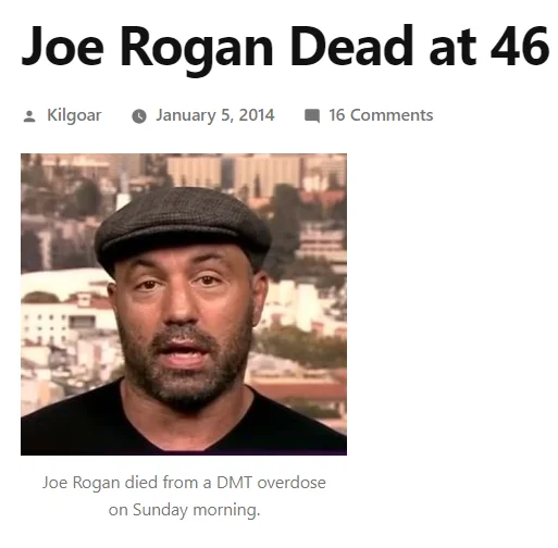 Ripjoerogan — Screenshot of a hoax article headlined 'Joe Rogan Dead at 46' claiming DMT overdose
