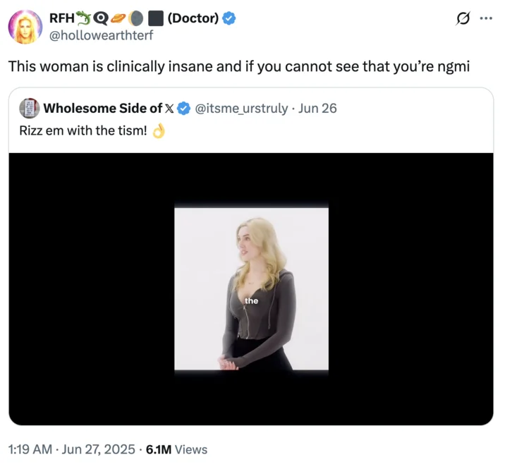 Rizz Em With The Tism Girl — A "quote-tweet":https://knowyourmeme.com/memes/quote-retweets-qrts about Rachel, the