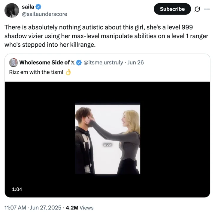 Rizz Em With The Tism Girl — A "quote-tweet":https://knowyourmeme.com/memes/quote-retweets-qrts about Rachel, the