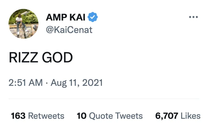 Rizz God Rizz Nicknames — Tweet by Kai Cenat that reads 'RIZZ GOD' from August 2021