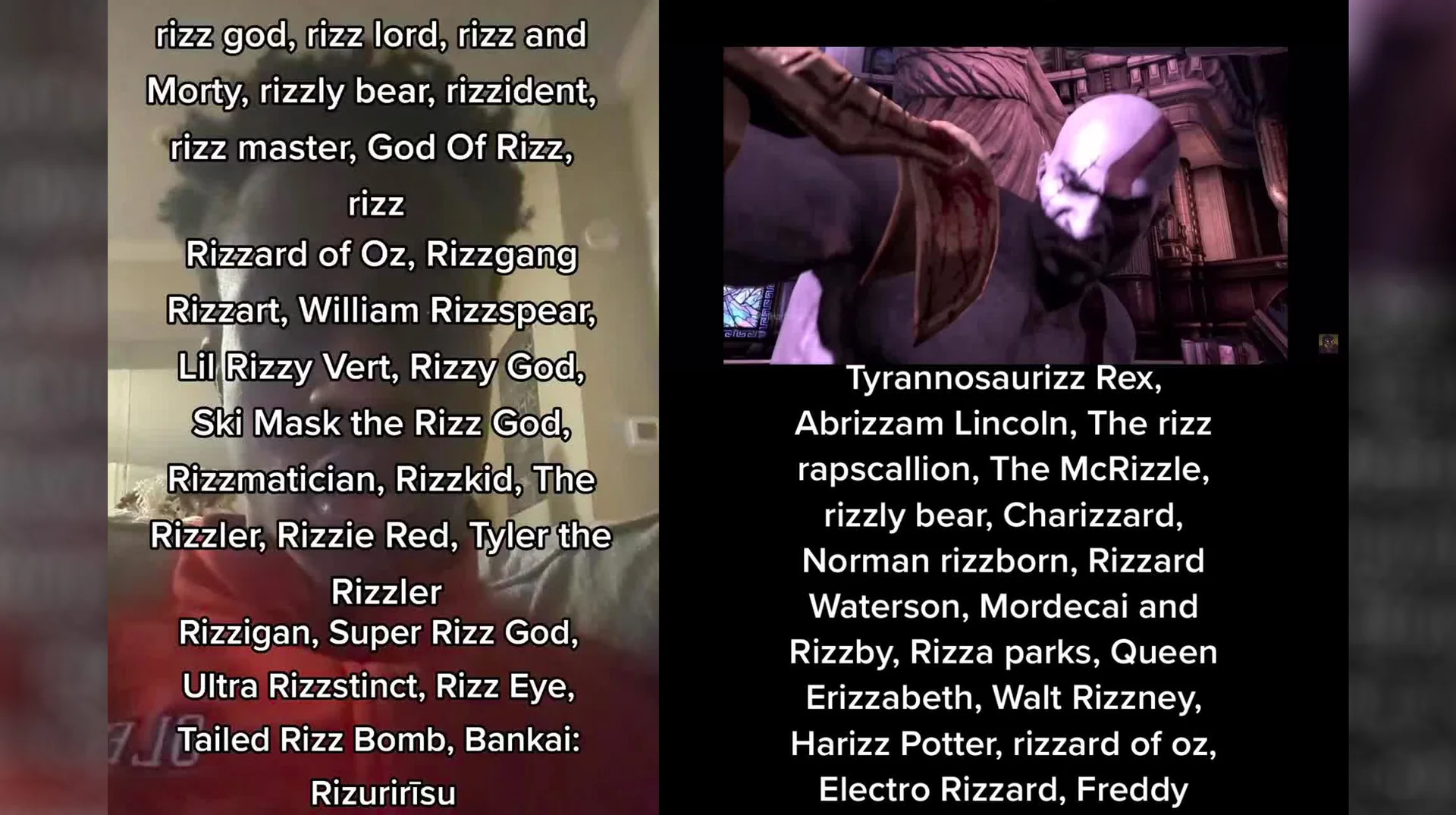 Rizz God Rizz Nicknames — Split-screen TikTok compilation of rizz-themed nicknames overlaid on video clips