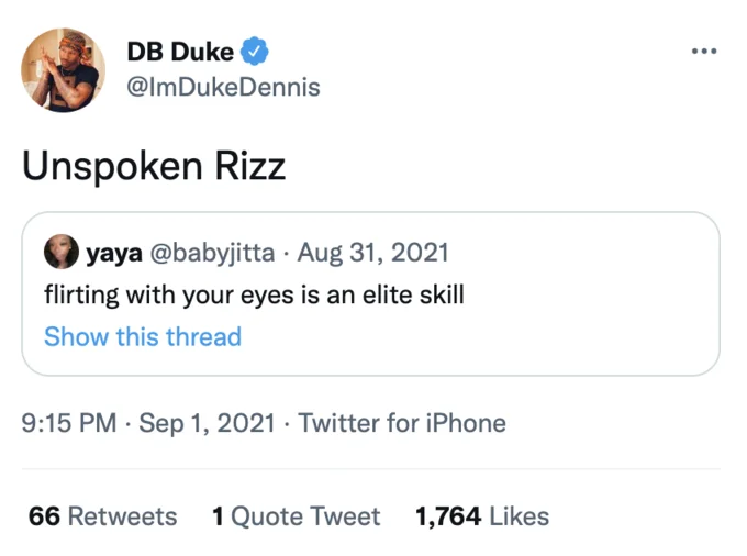 Rizz Unspoken Rizz — Tweet by DB Duke labeled Unspoken Rizz quoting a tweet about flirting with your eyes
