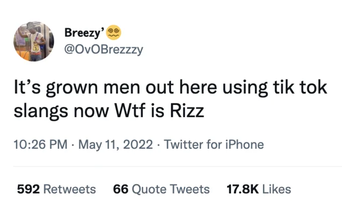 Rizz Unspoken Rizz — Tweet by Breezy questioning grown men using the TikTok slang Rizz
