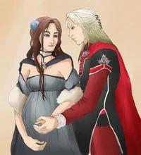Rlj — Digital fan art depicting pregnant Lyanna Stark in grey gown with Rhaegar Targaryen tenderly placing hand on her swollen belly in Targaryen colors.