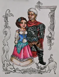 Rlj — Marker-style fan art in ornate decorative frame depicting curly dark-haired woman in pink dress and dark-skinned man in detailed armor.