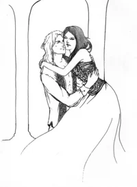 Rlj — Minimalist black-and-white pencil sketch depicting two figures in close embrace with long flowing hair in loose gestural style without color or detail.