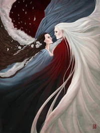 Rlj — Striking digital painting showing dark-haired woman and silver-haired man in intimate embrace with dramatically sweeping hair across contrasting light