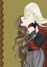 Rlj — Soft digital illustration showing dark-haired woman kissing silver-haired man dressed in Targaryen colors in intimate close-up against decorative