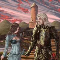 Rlj — Digital fan art portraying Rhaegar Targaryen in ornate golden armor alongside dark-haired Lyanna Stark before a tall stone tower beneath red and purple