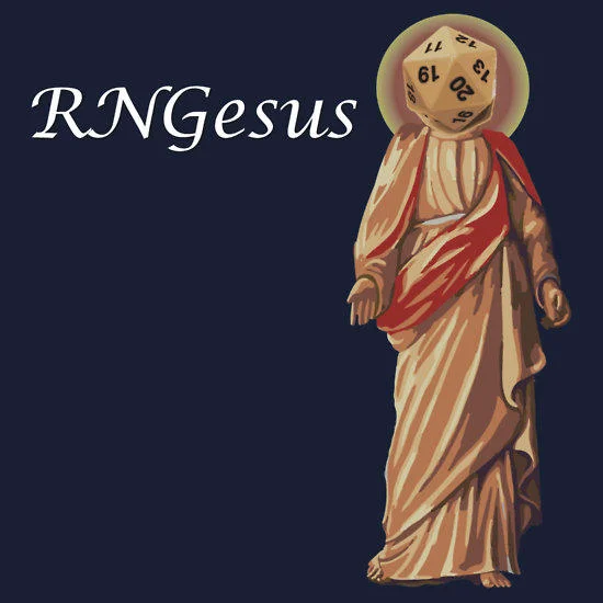 Painting of Jesus offering a glowing twenty-sided die with caption 'RNGesus Saves'