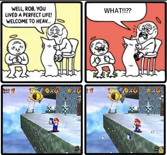 Rob Lived the Perfect Life — Rob comic variant combined with Super Mario 64 baby penguin cliff-toss screenshots
