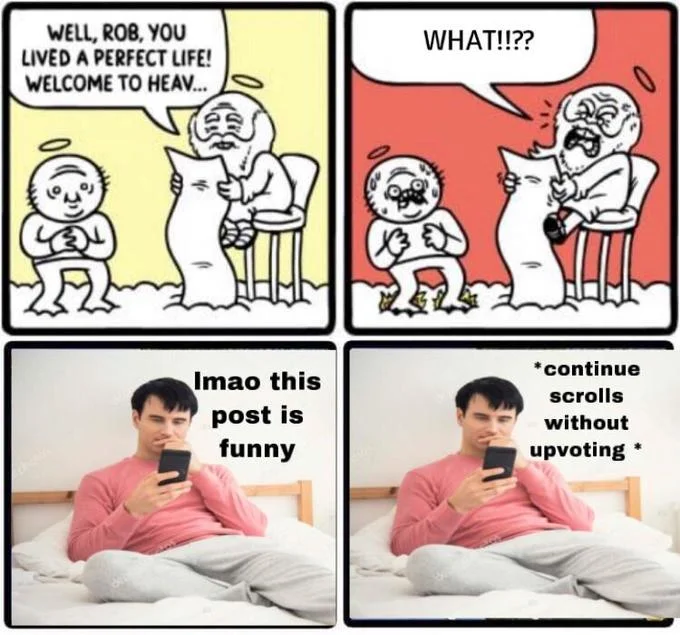 Rob Lived the Perfect Life — Rob comic variant with man in bed scrolling phone without upvoting a funny post
