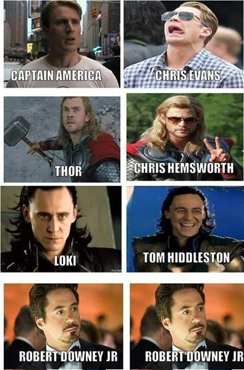 Meme comparing Marvel characters to their actors, with Robert Downey Jr. shown twice