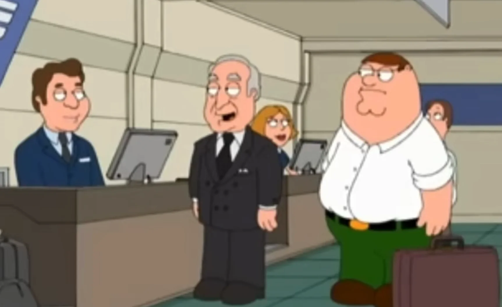 Robert Loggia Family Guy — Family Guy scene featuring Robert Loggia caricature standing at an airport counter next to Peter Griffin