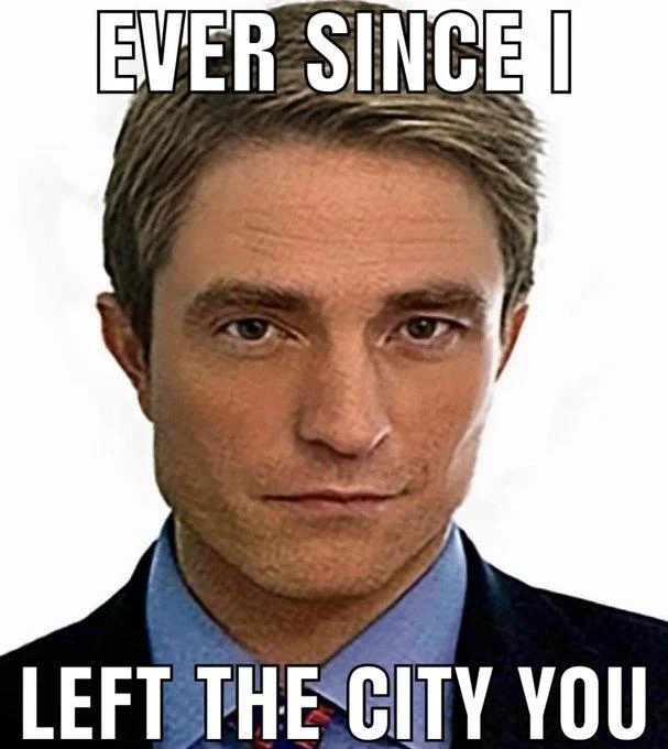 Robert Pattinson as Chris Hansen Rap Lyric Memes — Pattinson-Hansen meme face with text 'Ever since I left the city you'
