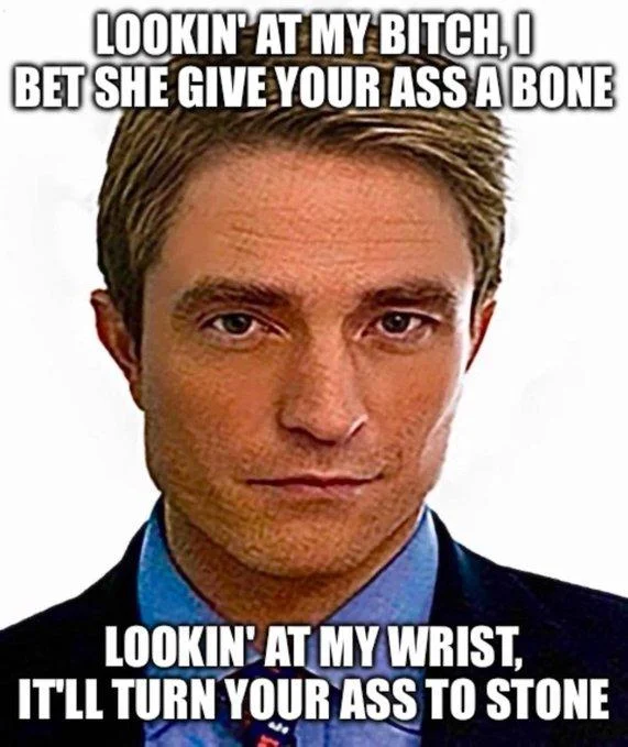 Robert Pattinson as Chris Hansen Rap Lyric Memes — Pattinson-Hansen meme face with Lil Wayne A Milli lyric caption about wrist turning to stone
