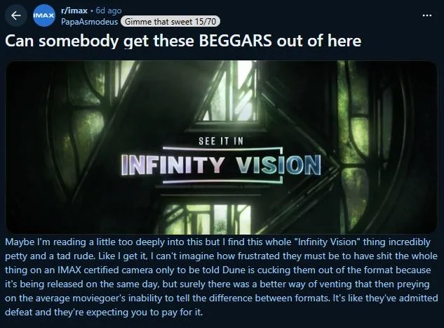 Robert Pattinson Somebody Get These Beggars Out Of Here — Reddit r/imax post using the beggars meme phrase about Infinity Vision format